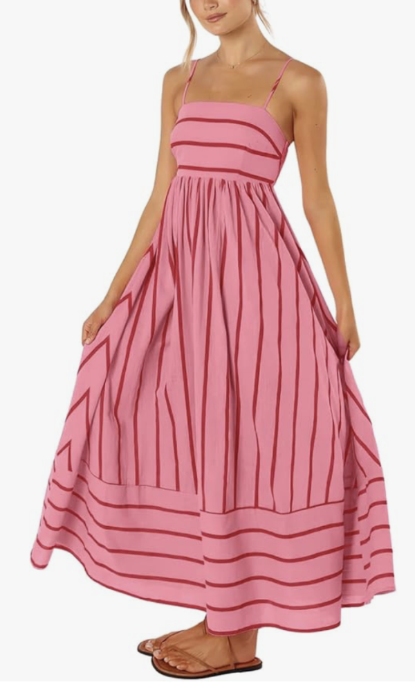 Women's Striped Back Smocked Maxi Dress Sexy Spaghetti Strap Cut Out Flowy Swing Long Dress